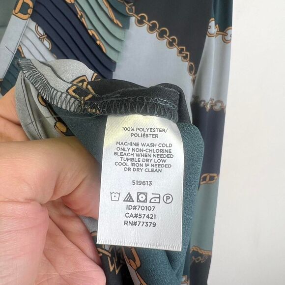 Ann Taylor blue and green chain print blouse with ruffles and buttons Size M - Picture 7 of 7